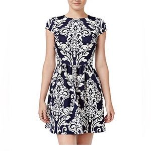 B. Darlin Sz 0 Navy Blue and White Patterned Fit and Flare Dress